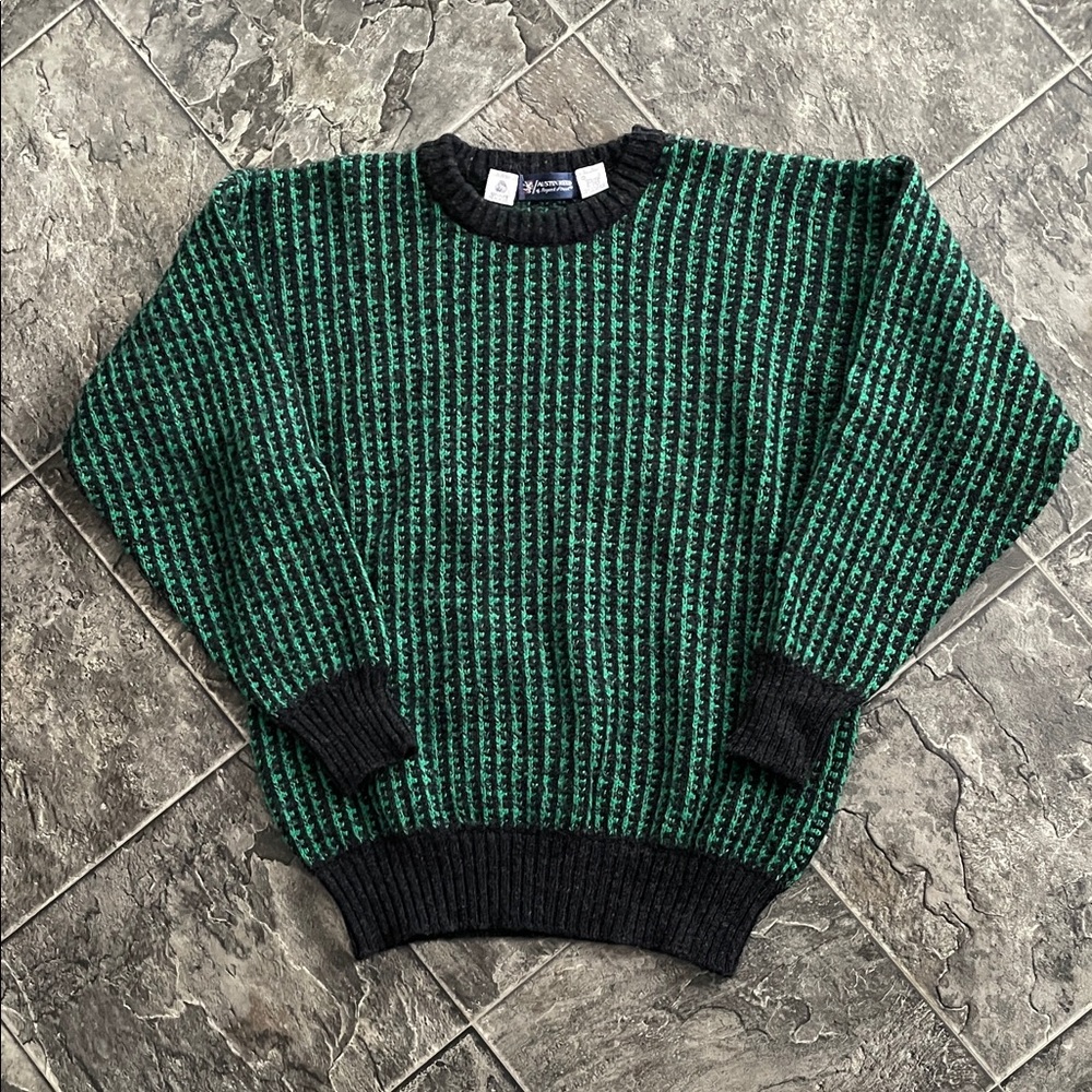 AUSTIN REED Shetland Wool Vintage Green Black Knit Grandpa Cottagecore Sweater